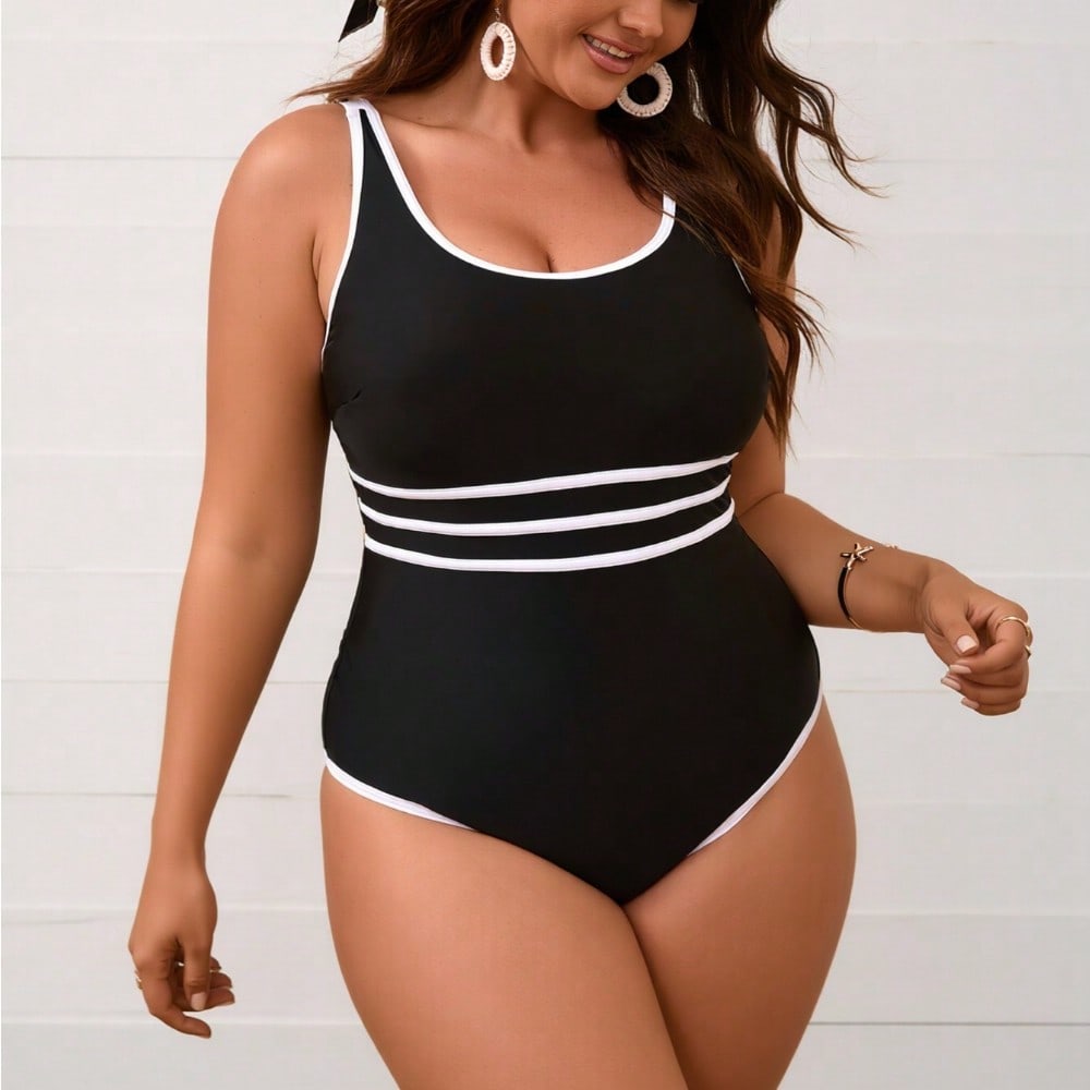 2026 New Plus Size Minimalist Black & White One-Piece Swimsuit, Round Neck Strap, European Style Casual Beach Swimwear