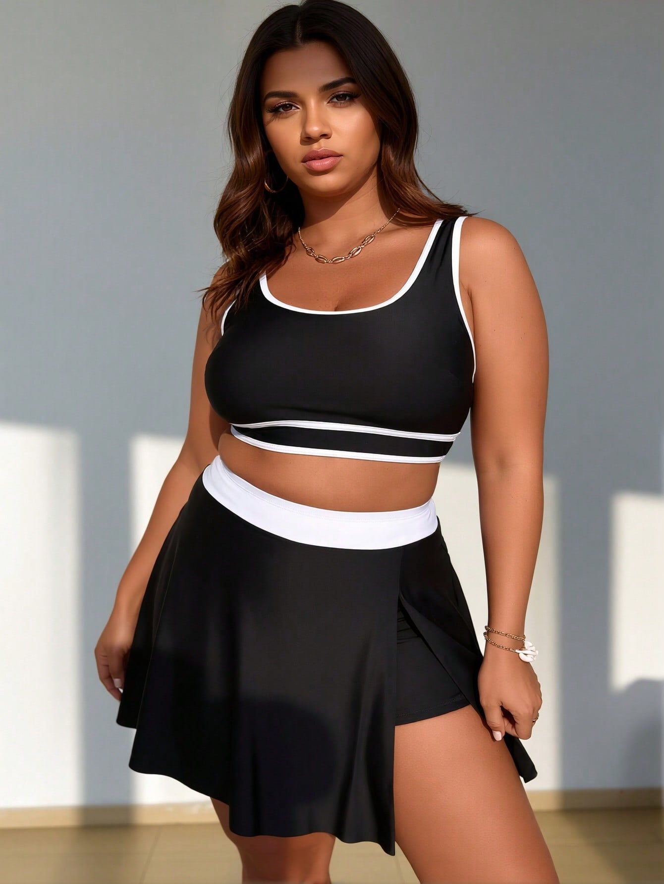 2026 New Black & White Color Block Two-Piece Skirted Swimsuit, High Waist Split Skirt, Plus Size Slimming Modest Swimwear