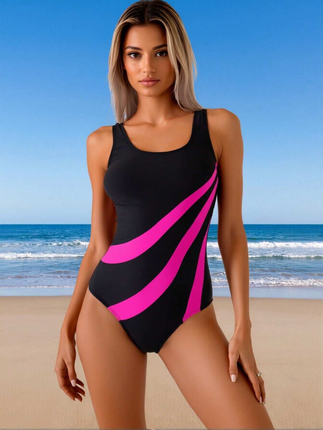 2026 New Sporty One-Piece Swimsuit Women's Black & Pink Color Block Stripe Sleeveless Bathing Suit for Beach Vacation, Tummy Control & Flattering