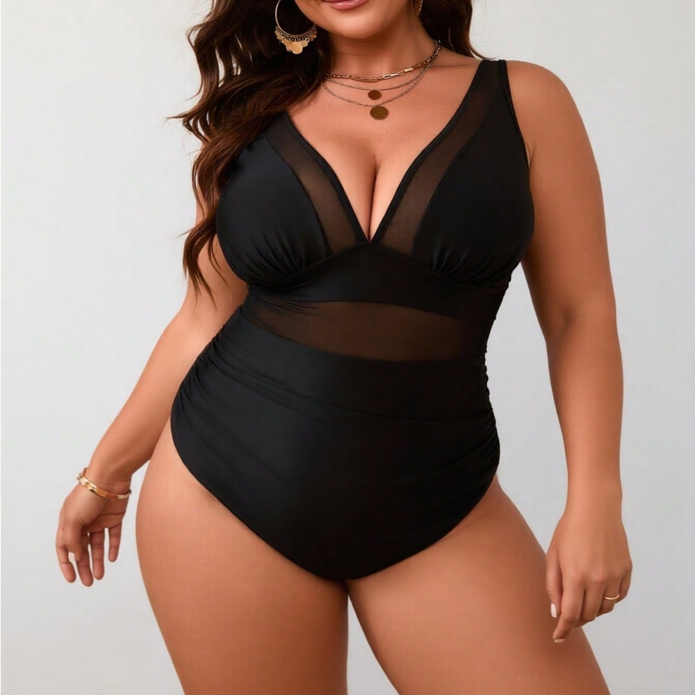 2026 New Plus Size Black One-Piece Swimsuit, Sheer Mesh Waist, Sleeveless Deep V, Modest Slimming Beach Swimwear