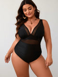 2026 New Plus Size Black One-Piece Swimsuit, Sheer Mesh Waist, Sleeveless Deep V, Modest Slimming Beach Swimwear