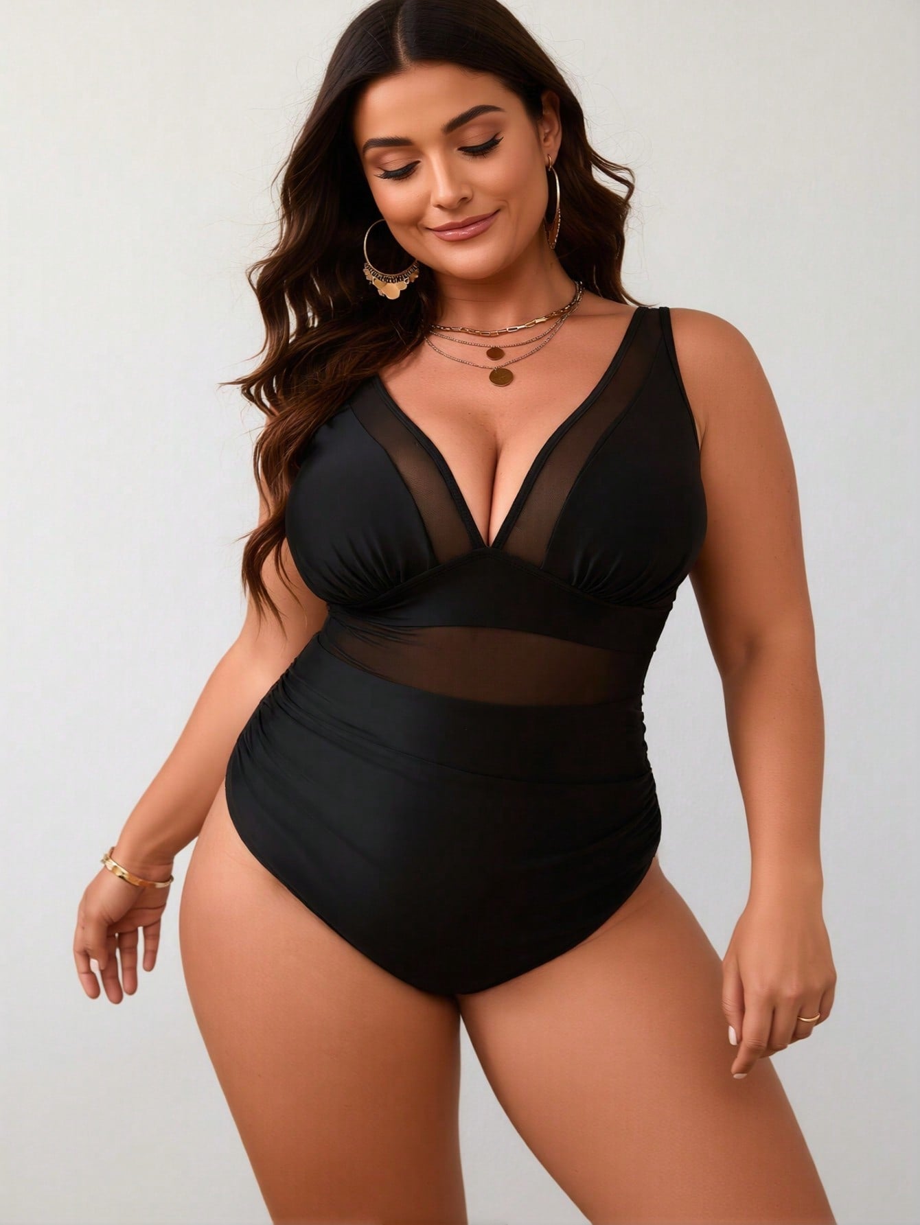 2026 New Plus Size Black One-Piece Swimsuit, Sheer Mesh Waist, Sleeveless Deep V, Modest Slimming Beach Swimwear
