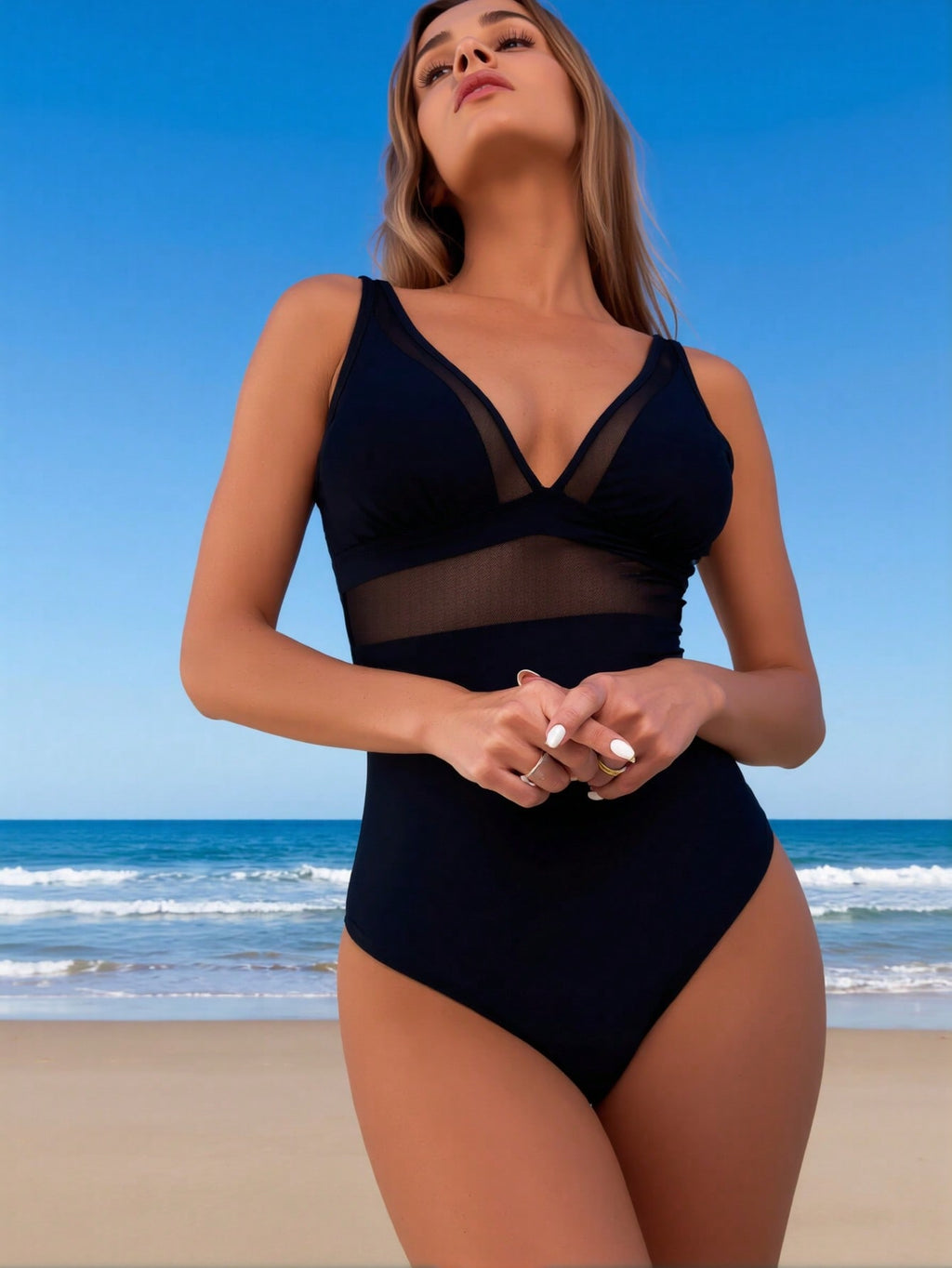 2026 New Women's Black One Piece Swimsuit, Sheer Mesh V Neck Bathing Suit, Tummy Control Swimwear