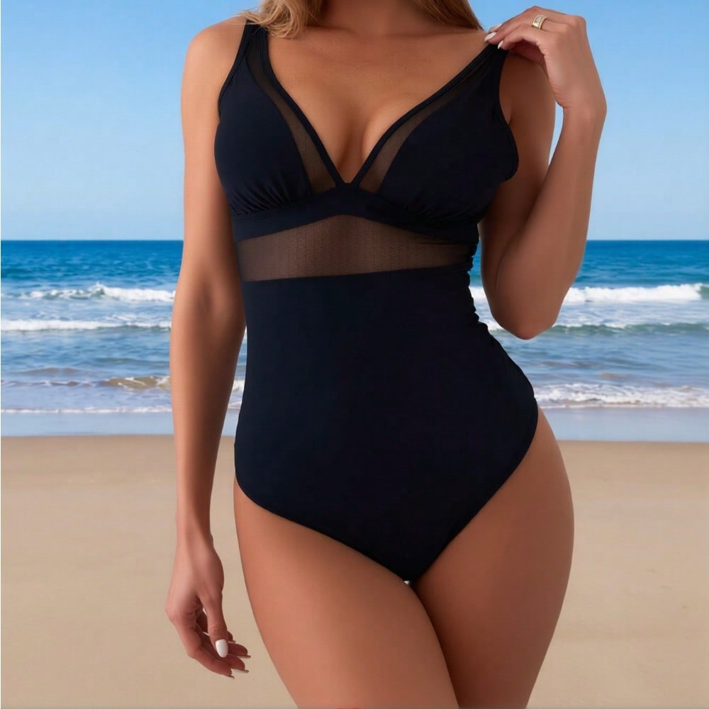 2026 New Women's Black One Piece Swimsuit, Sheer Mesh V Neck Bathing Suit, Tummy Control Swimwear