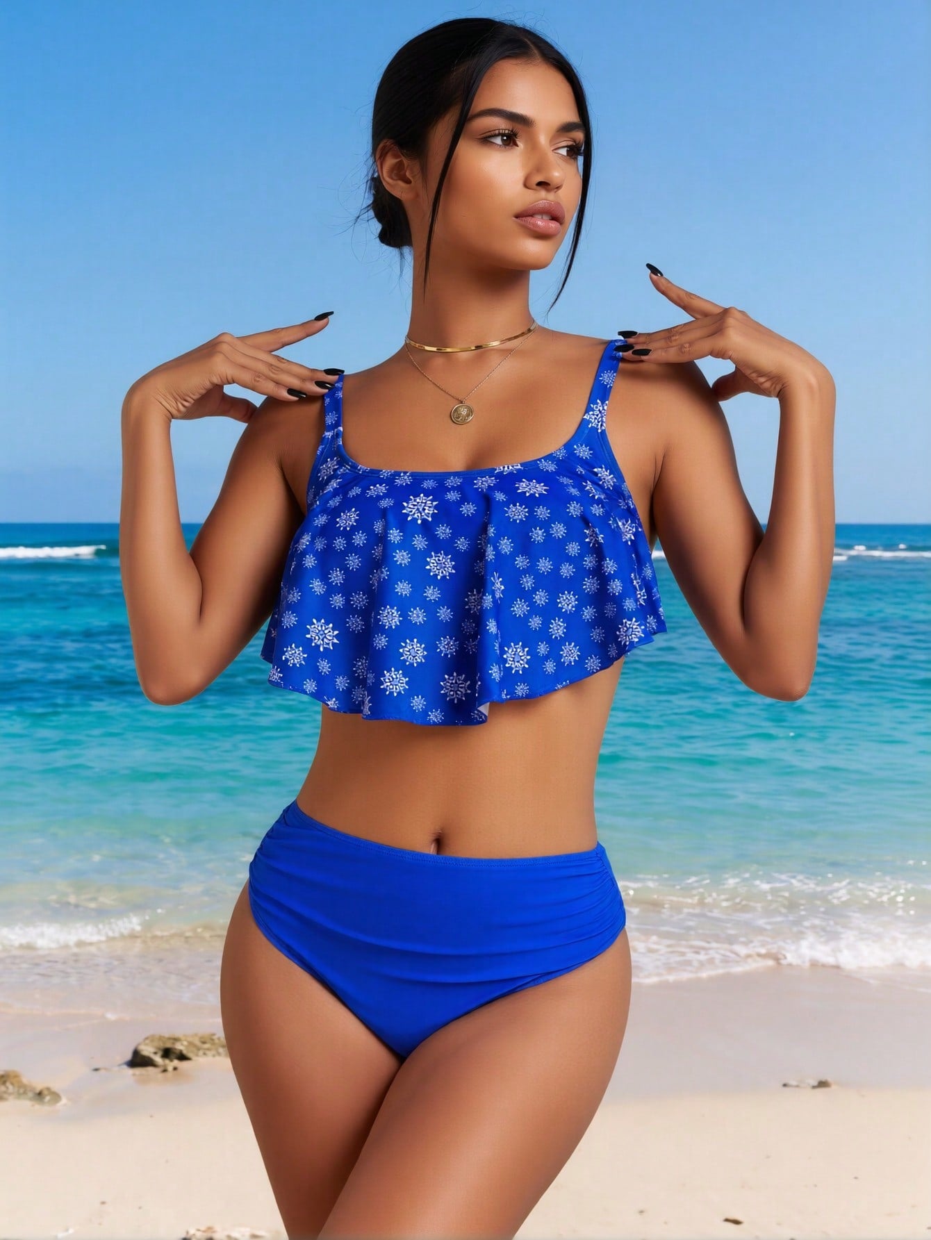 2026 New Women's Tankinis Set: Royal Blue, Snowflake Print Ruffle Top, Square Neck, High-Waist Solid Bottoms, Cute Modest Beach Style