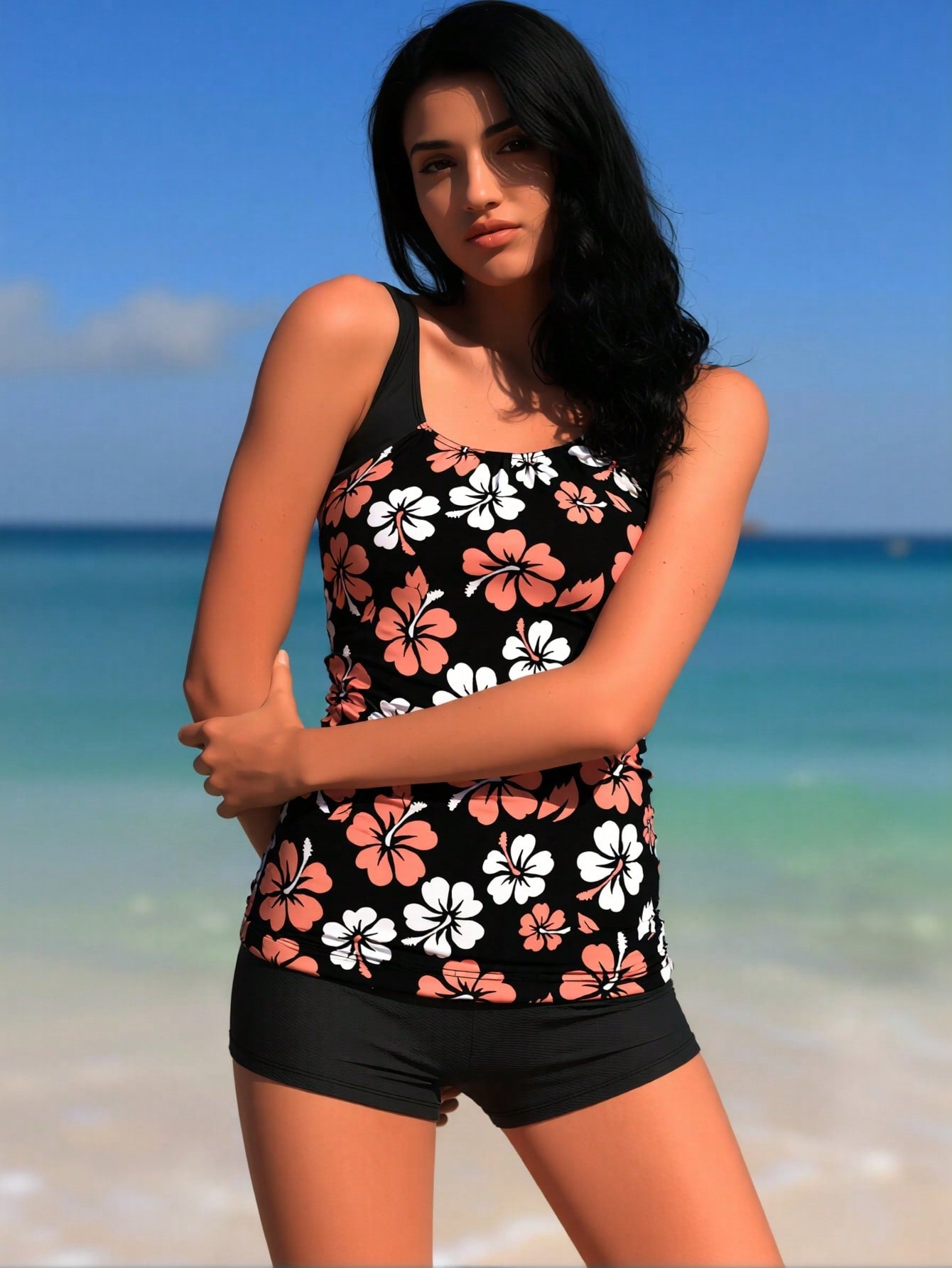 2026  Tankini Bathing Suit For Women, Pink And White Hibiscus Print Top With Black Boyshort Bottoms