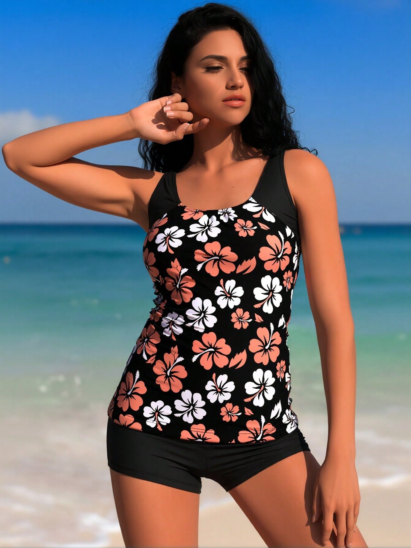 2026  Tankini Bathing Suit For Women, Pink And White Hibiscus Print Top With Black Boyshort Bottoms