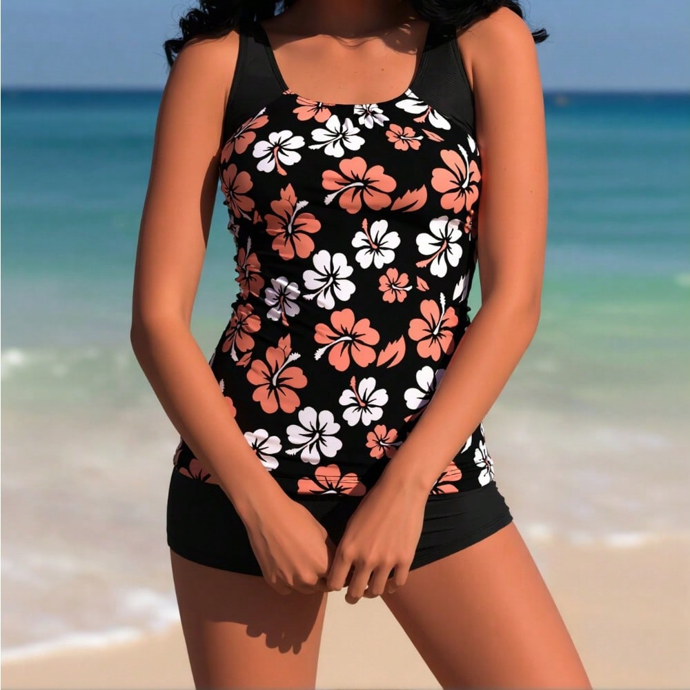2026  Tankini Bathing Suit For Women, Pink And White Hibiscus Print Top With Black Boyshort Bottoms