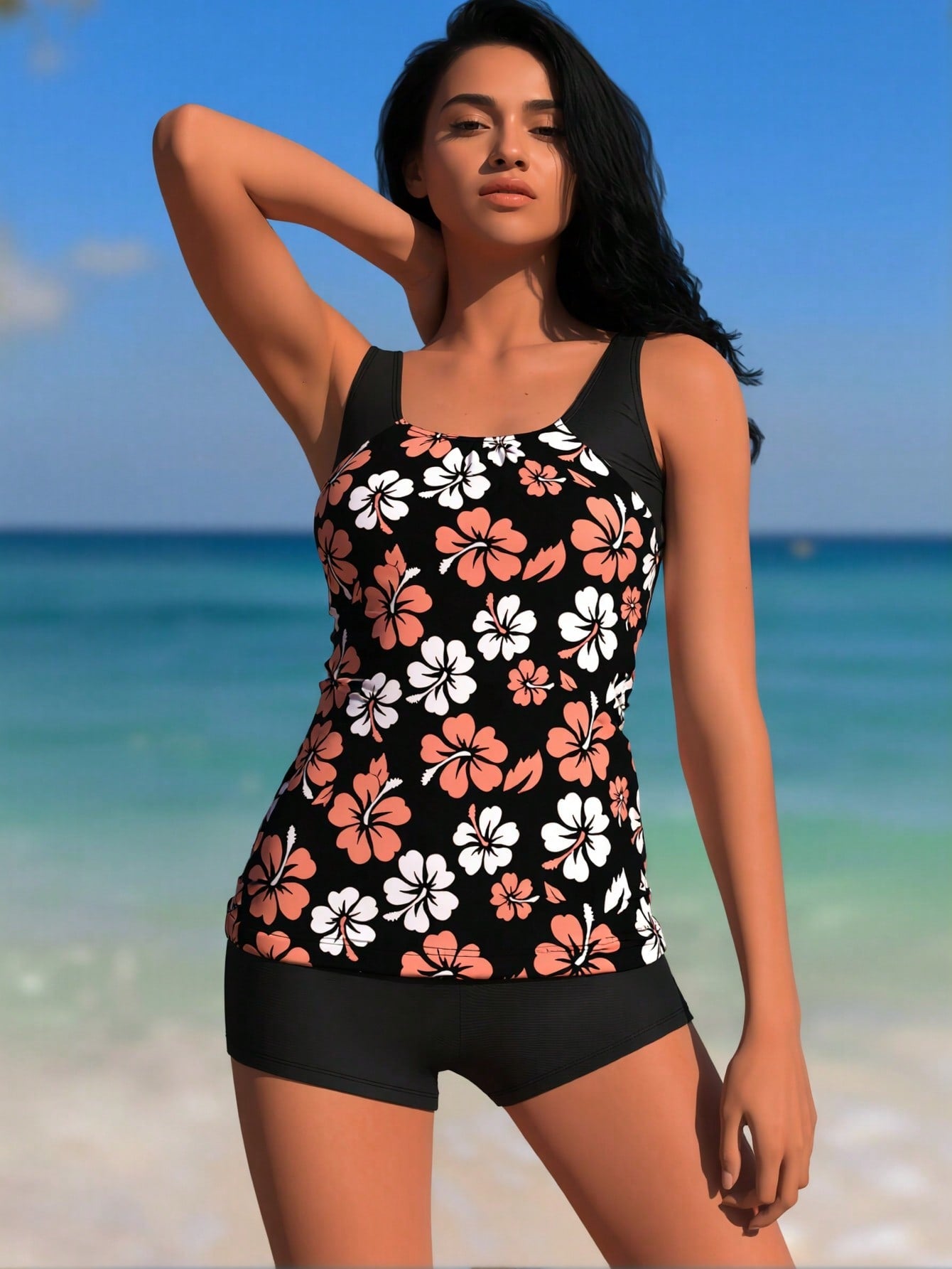 2026  Tankini Bathing Suit For Women, Pink And White Hibiscus Print Top With Black Boyshort Bottoms