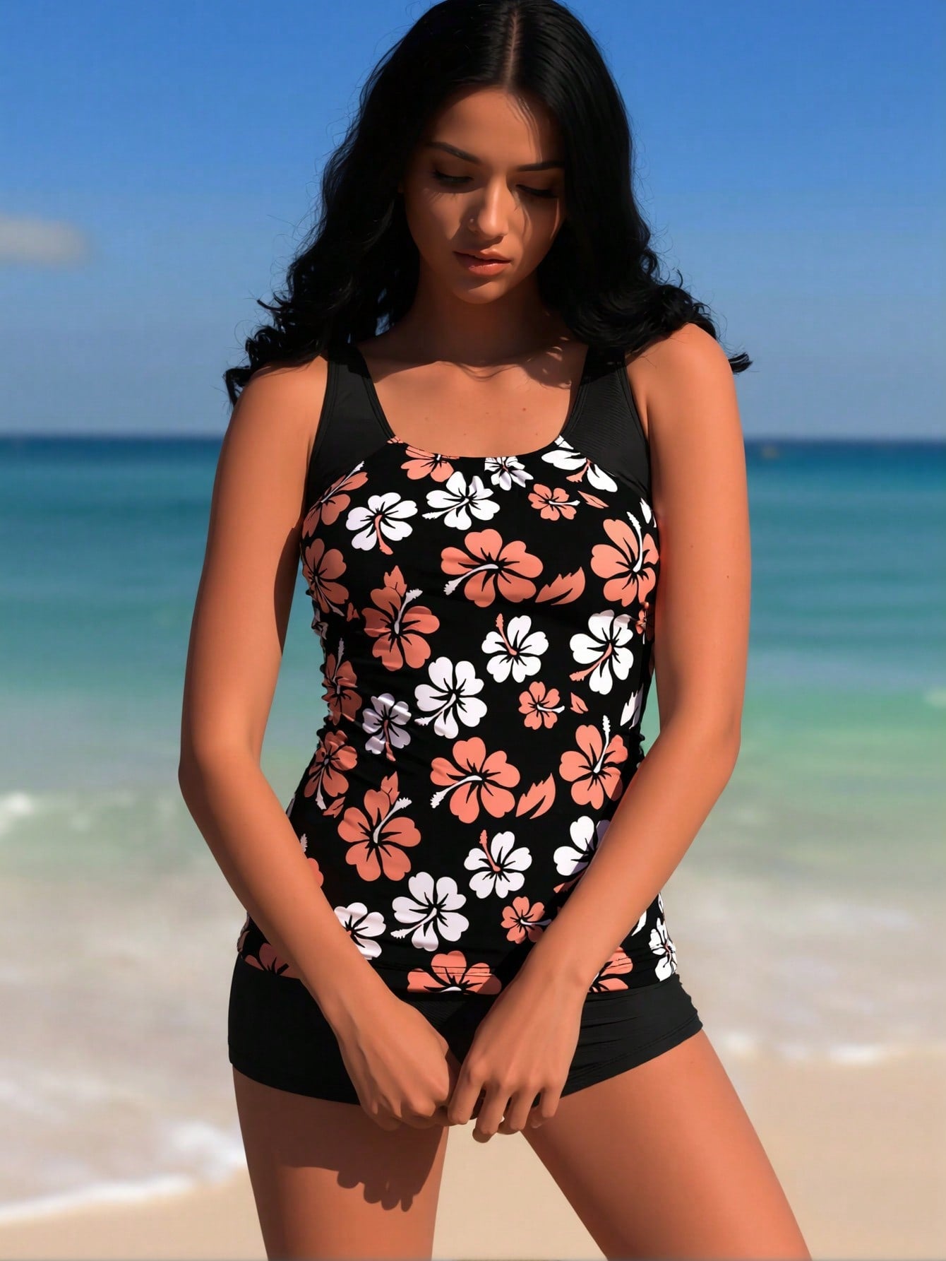 2026  Tankini Bathing Suit For Women, Pink And White Hibiscus Print Top With Black Boyshort Bottoms