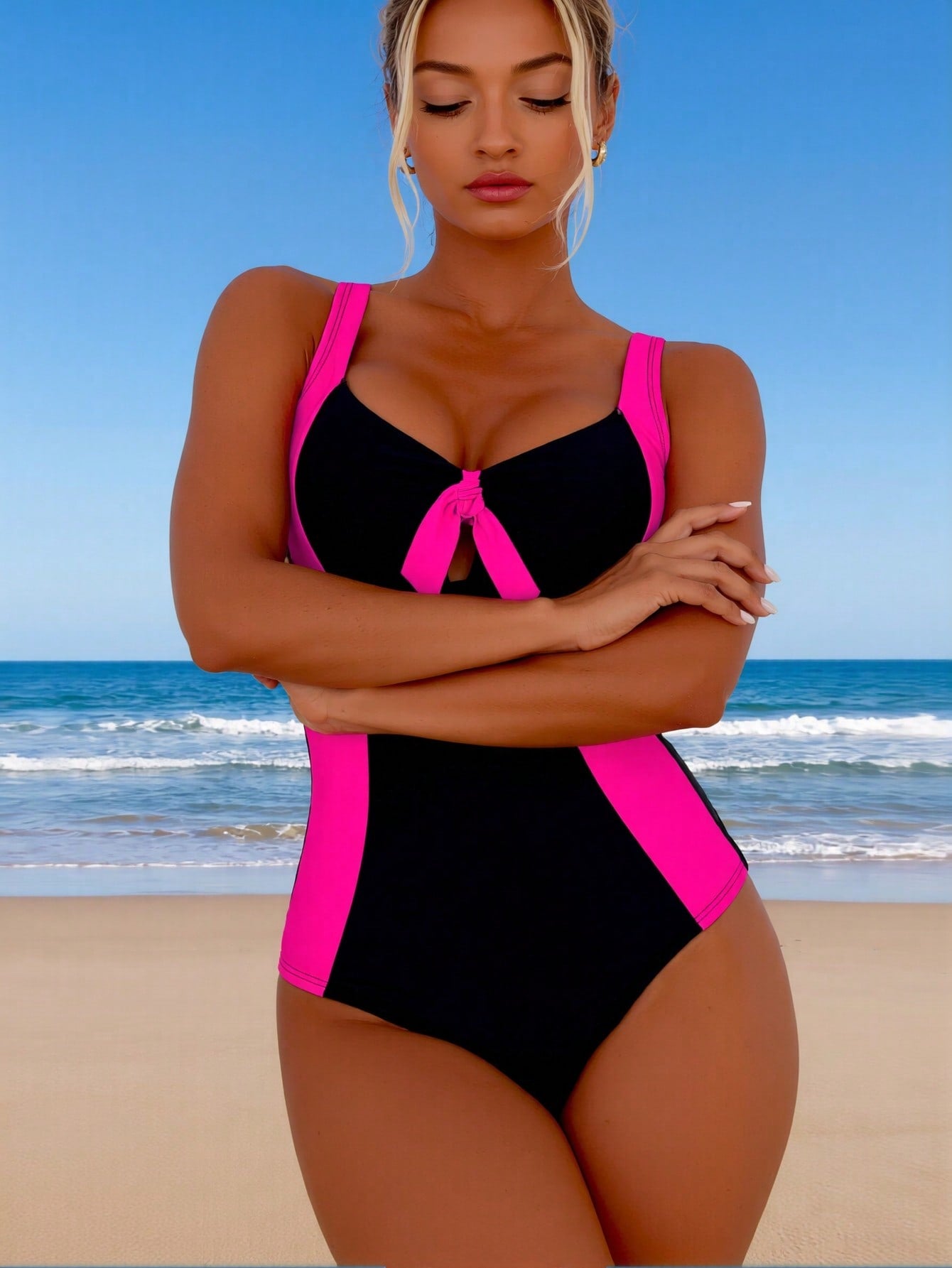 2026 New Color Block Bow One-Piece Swimsuit Women's Black & Pink Paneled V-Neck Tie Tummy Control Bathing Suit for Beach Vacation, Slim & Flattering