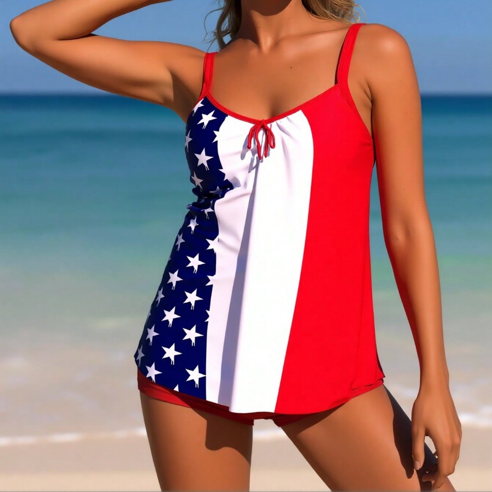 2026 New Women's American Flag Tankini Set, 4th of July Patriotic Two Piece Swimsuit with Flowy Top