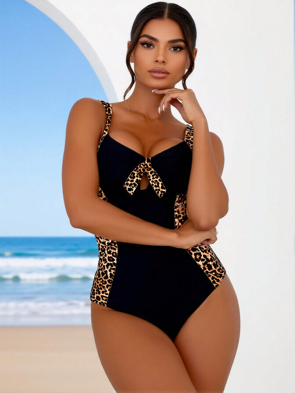 2026 New Leopard Print Paneled One-Piece Swimsuit Women's Black Leopard Side Panel V-Neck Tie Tummy Control Bathing Suit for Beach Vacation, Slim & Flattering