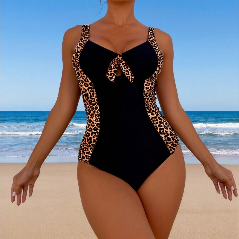 2026 New Leopard Print Paneled One-Piece Swimsuit Women's Black Leopard Side Panel V-Neck Tie Tummy Control Bathing Suit for Beach Vacation, Slim & Flattering