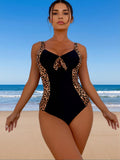 2026 New Leopard Print Paneled One-Piece Swimsuit Women's Black Leopard Side Panel V-Neck Tie Tummy Control Bathing Suit for Beach Vacation, Slim & Flattering