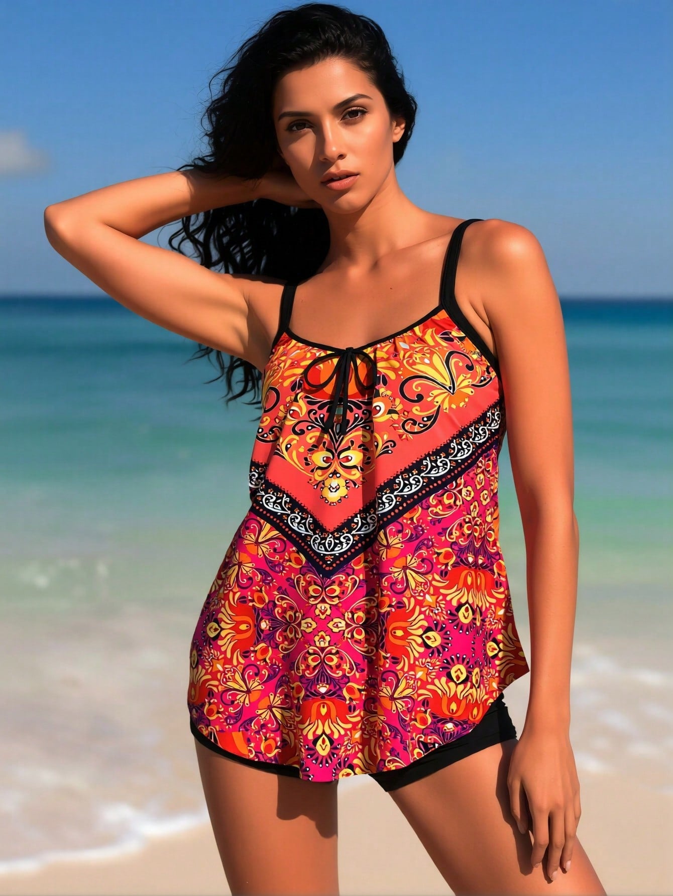 2026  Tankini Bathing Suit For Women, Orange And Pink Bohemian Print Cami Top With Black Boyshort Bottoms