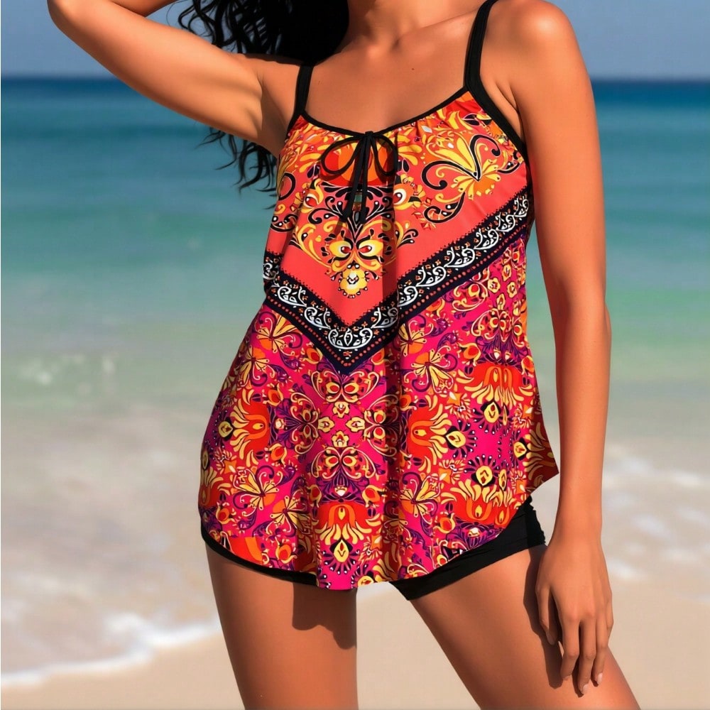 2026  Tankini Bathing Suit For Women, Orange And Pink Bohemian Print Cami Top With Black Boyshort Bottoms