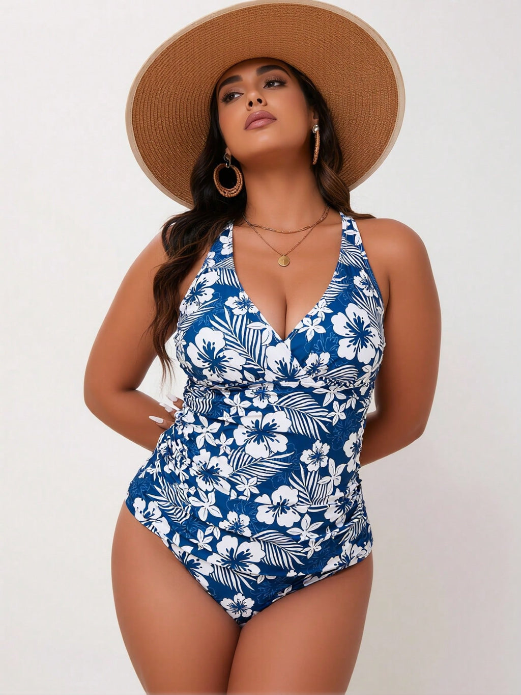 2026 New Women's One Piece Swimsuit, Blue And White Hibiscus Floral Print V Neck Halter Bathing Suit