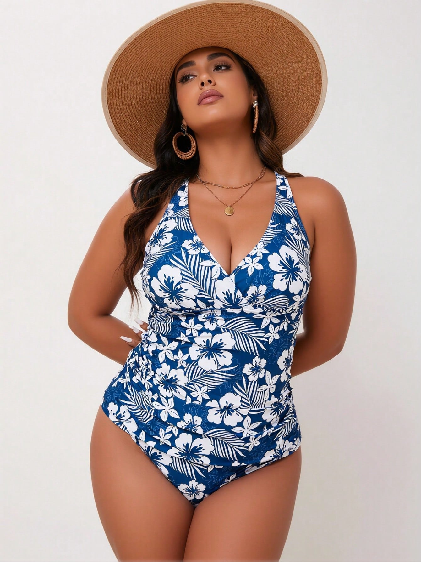 2026 New Women's One Piece Swimsuit, Blue And White Hibiscus Floral Print V Neck Halter Bathing Suit