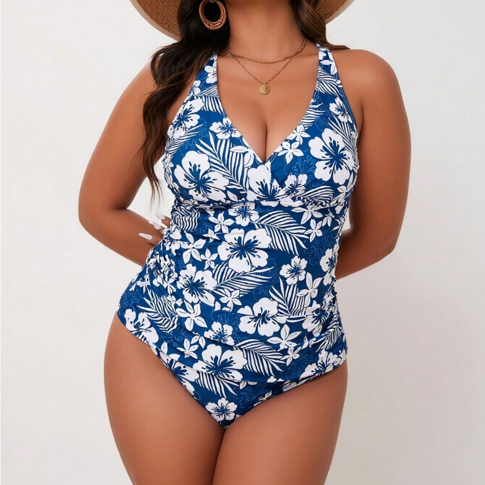 2026 New Women's One Piece Swimsuit, Blue And White Hibiscus Floral Print V Neck Halter Bathing Suit