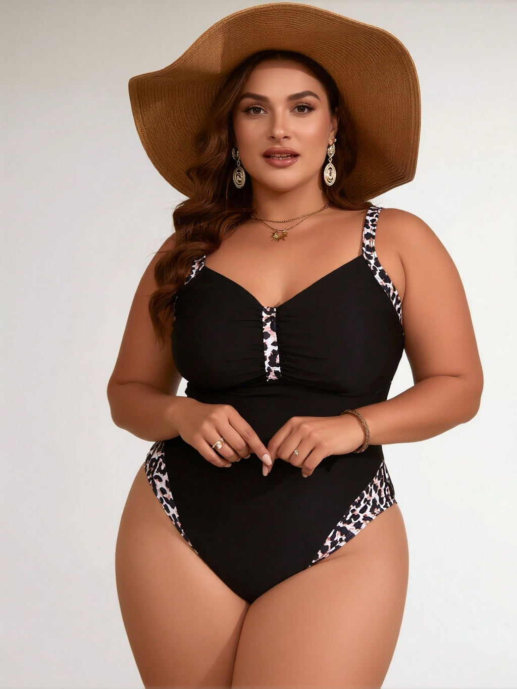 2026 New Plus Size Women's One Piece Swimsuit, Black with Leopard Print Trim, Tummy Control Bathing Suit