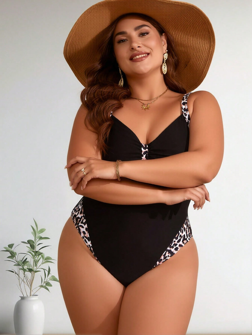 2026 New Plus Size Women's One Piece Swimsuit, Black with Leopard Print Trim, Tummy Control Bathing Suit