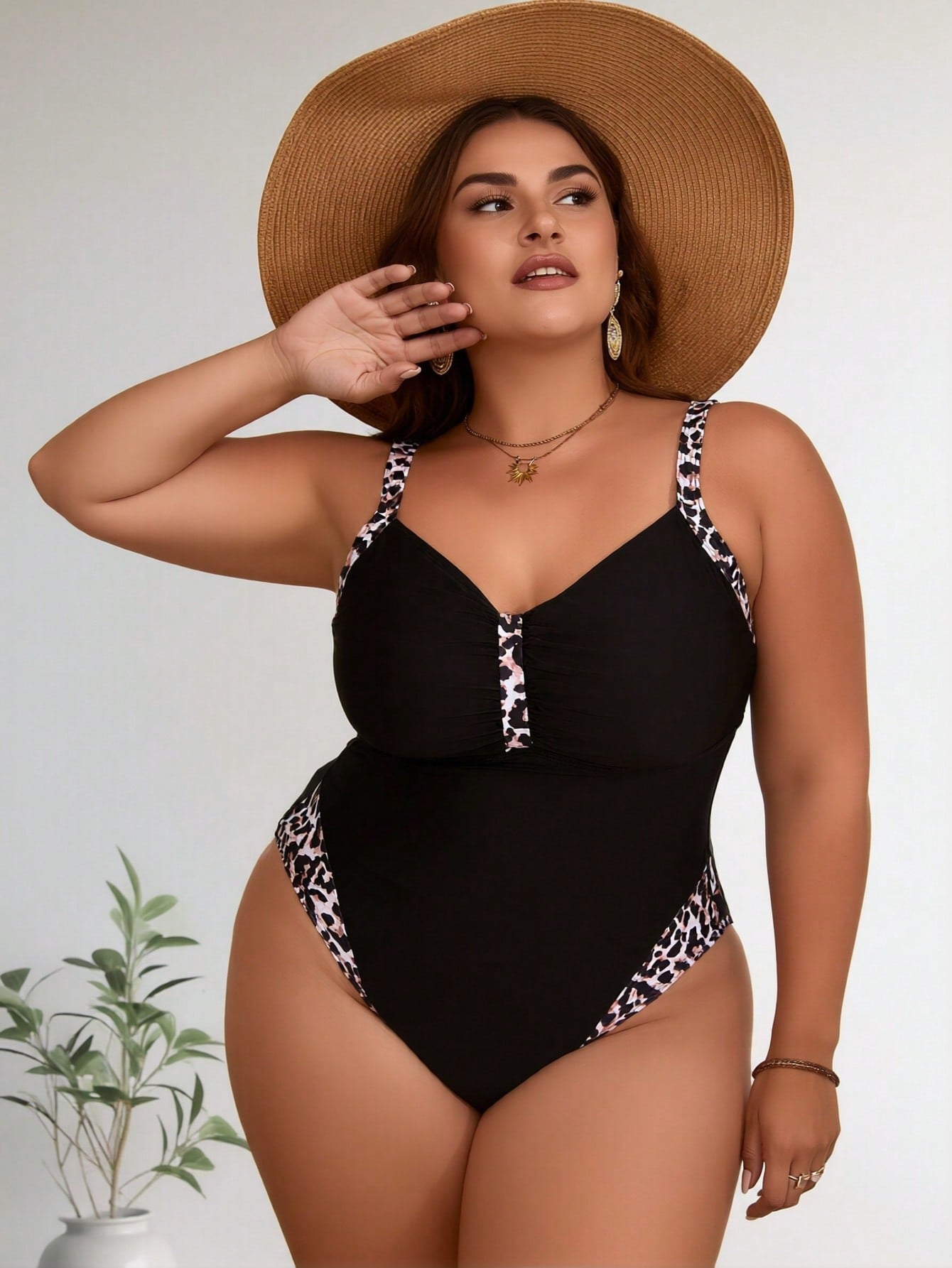 2026 New Plus Size Women's One Piece Swimsuit, Black with Leopard Print Trim, Tummy Control Bathing Suit