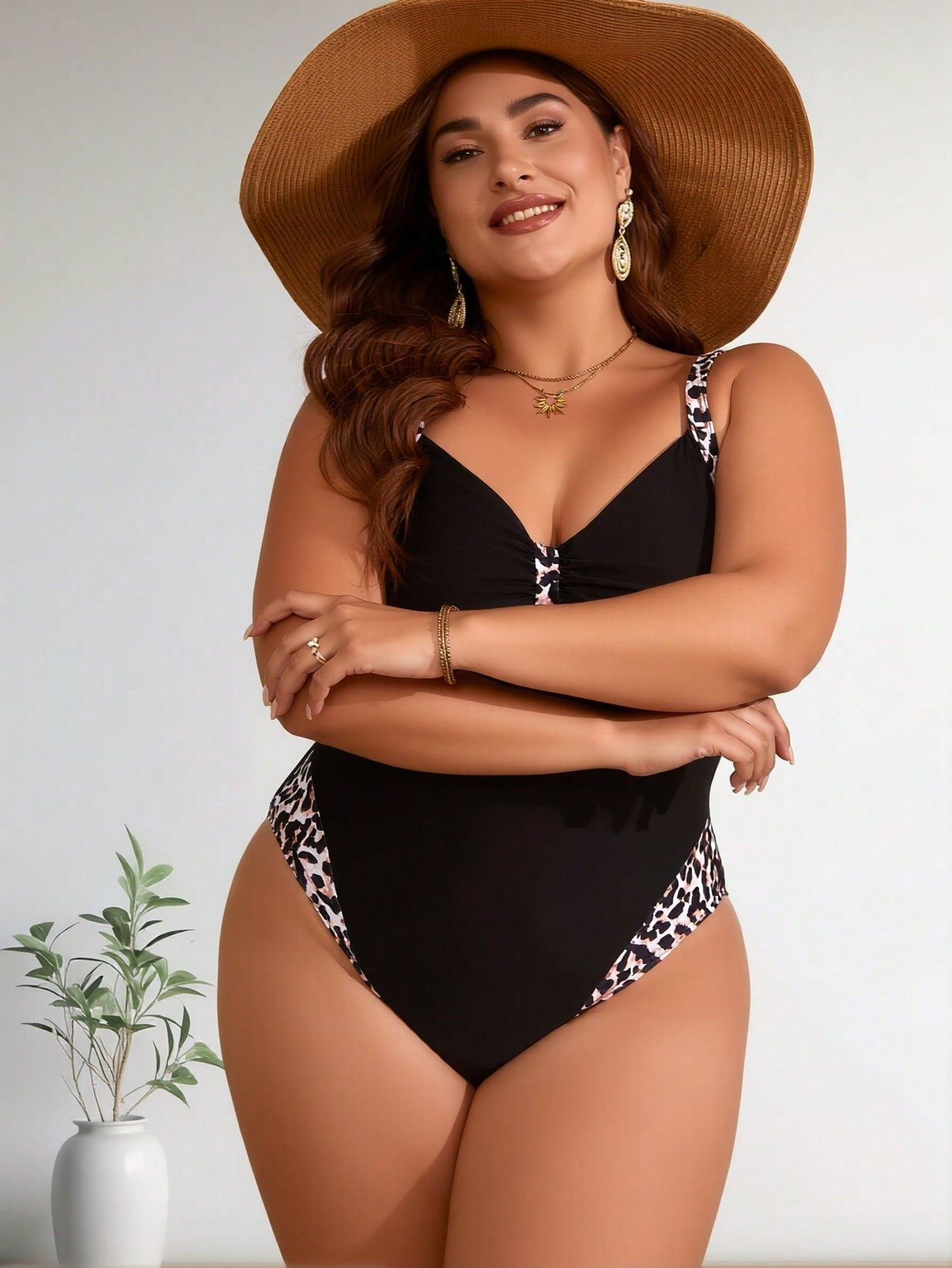 2026 New Plus Size Women's One Piece Swimsuit, Black with Leopard Print Trim, Tummy Control Bathing Suit