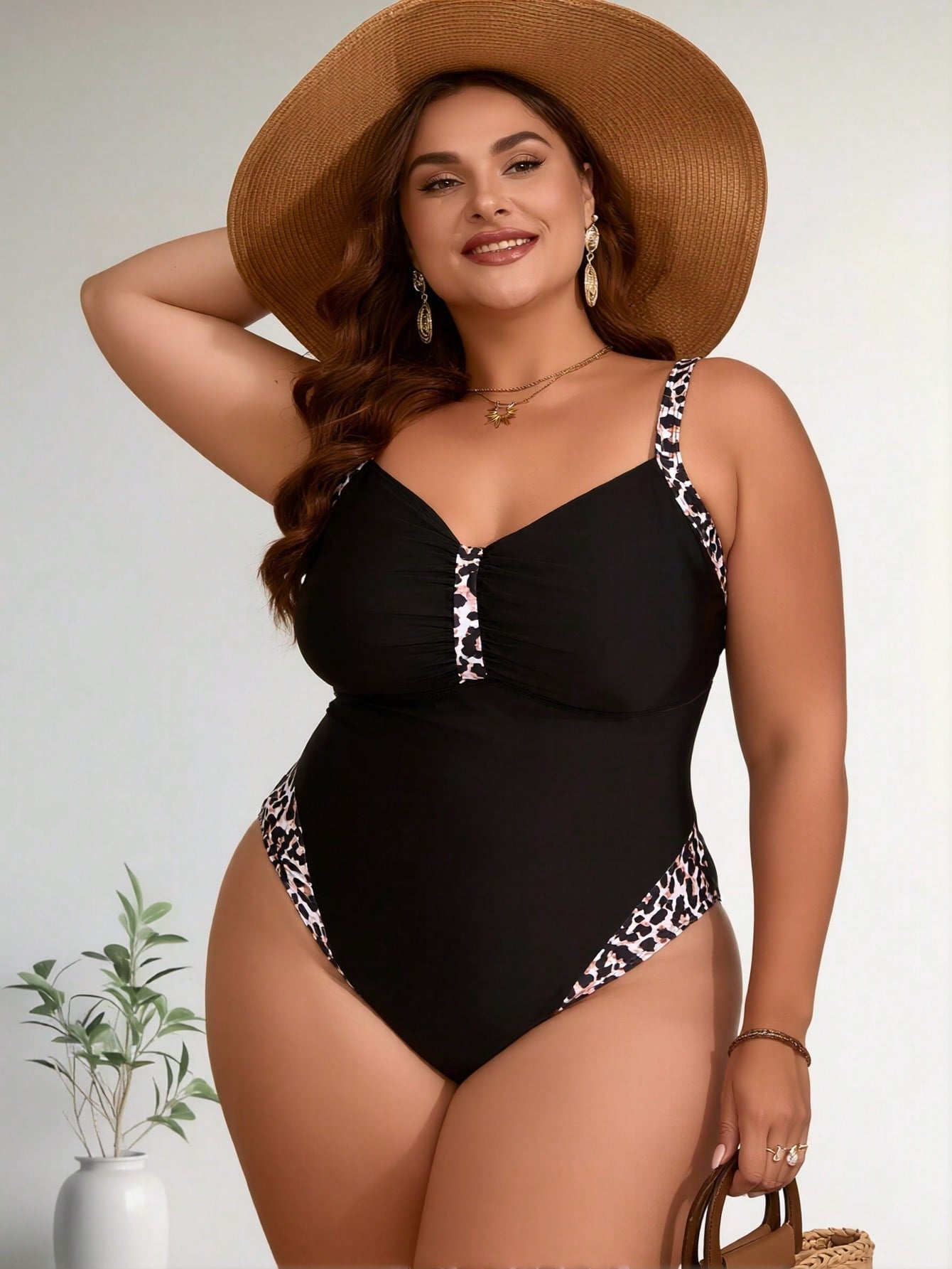2026 New Plus Size Women's One Piece Swimsuit, Black with Leopard Print Trim, Tummy Control Bathing Suit