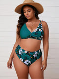 2026 Trendy Plus Size Bikini Bathing Suit, Green Floral Print Wrap Top and High Waisted Bottoms Swimwear