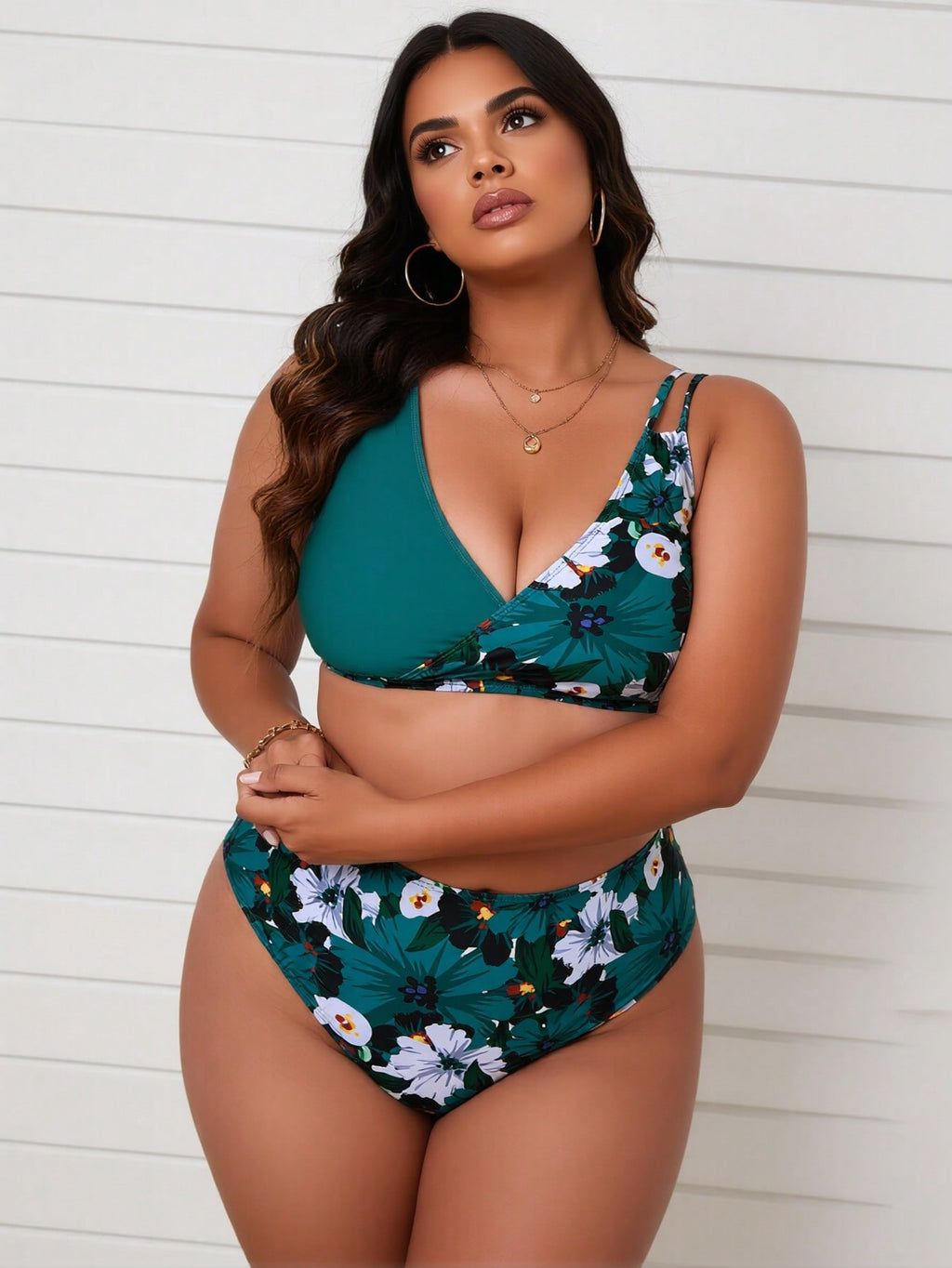 2026 Trendy Plus Size Bikini Bathing Suit, Green Floral Print Wrap Top and High Waisted Bottoms Swimwear