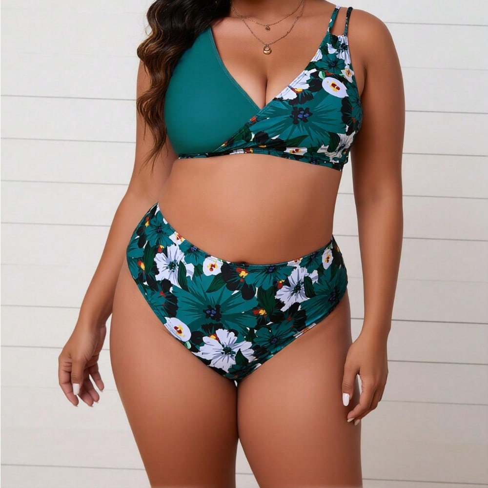 2026 Trendy Plus Size Bikini Bathing Suit, Green Floral Print Wrap Top and High Waisted Bottoms Swimwear