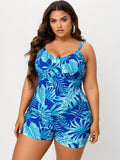 2026 New Plus Size Women's One Piece Swimdress, Blue Tropical Palm Leaf Print V Neck Bathing Suit