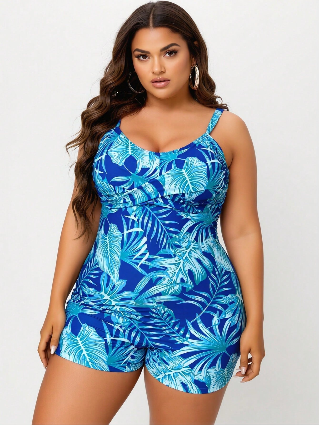 2026 New Plus Size Women's One Piece Swimdress, Blue Tropical Palm Leaf Print V Neck Bathing Suit