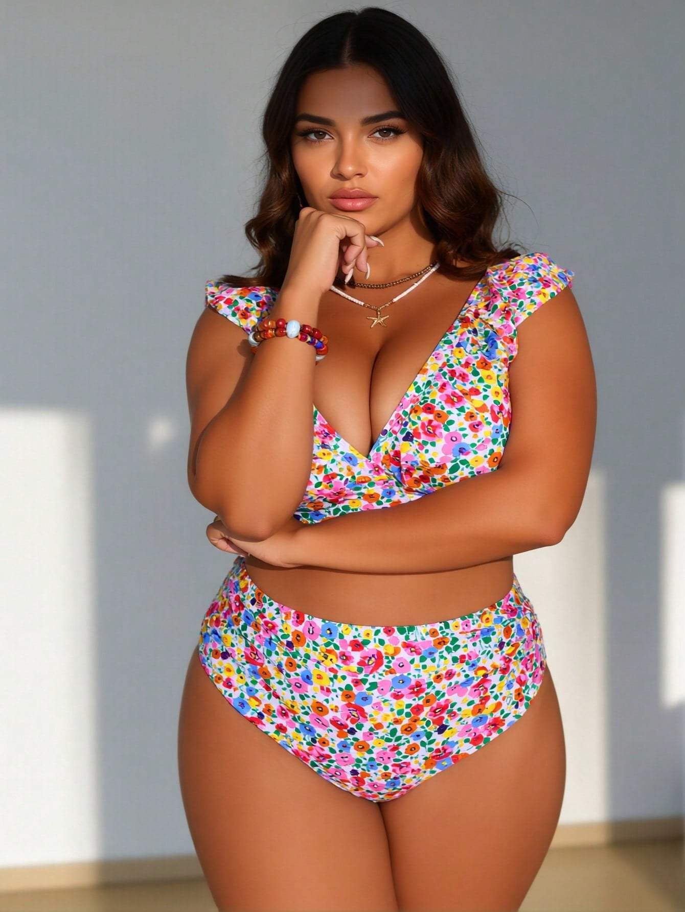 2026 New Colorful Ditsy Floral Two-Piece Swimsuit, Ruffled Deep V & High Waist Bottom, Plus Size Slimming Beachwear