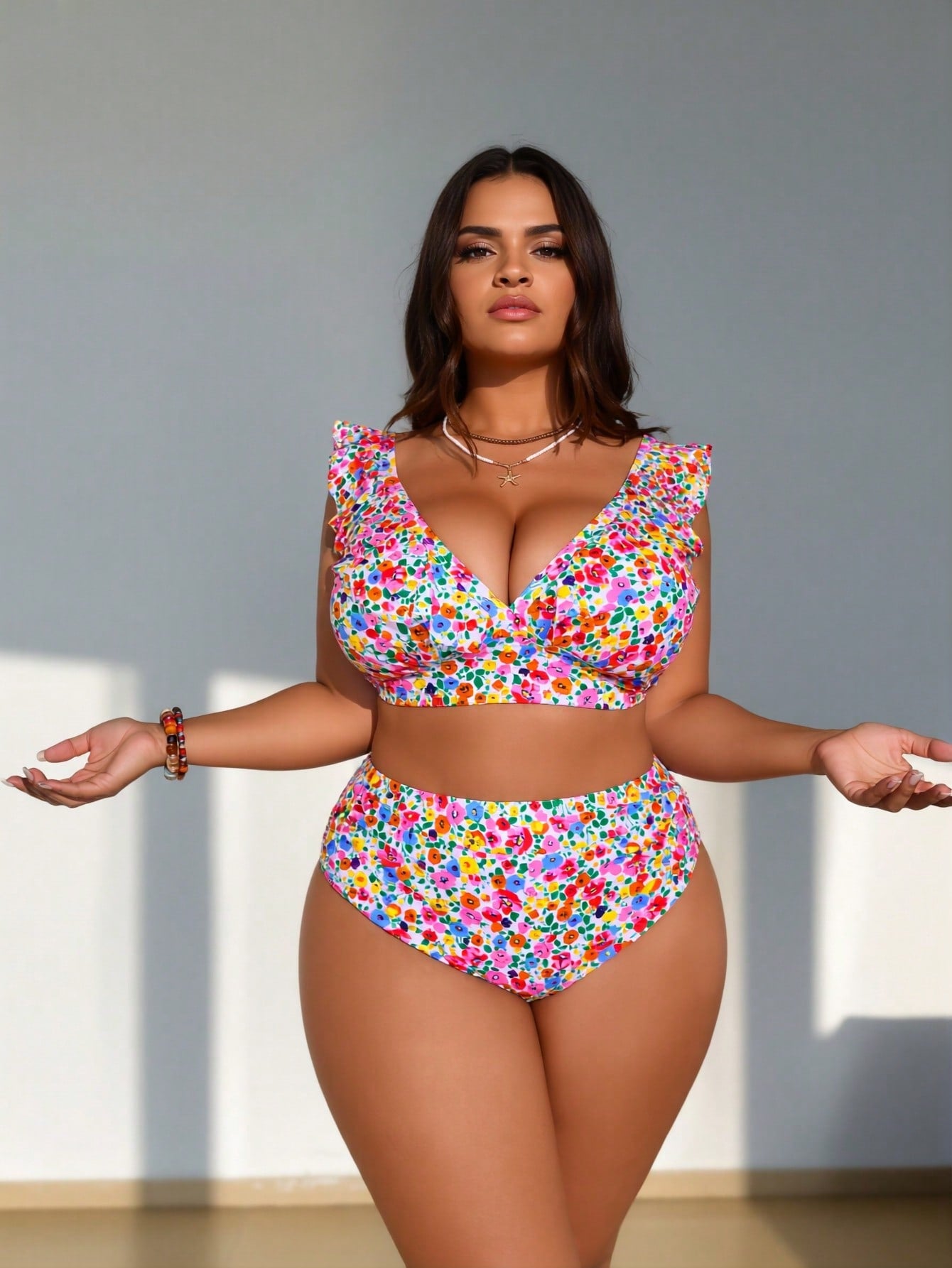2026 New Colorful Ditsy Floral Two-Piece Swimsuit, Ruffled Deep V & High Waist Bottom, Plus Size Slimming Beachwear