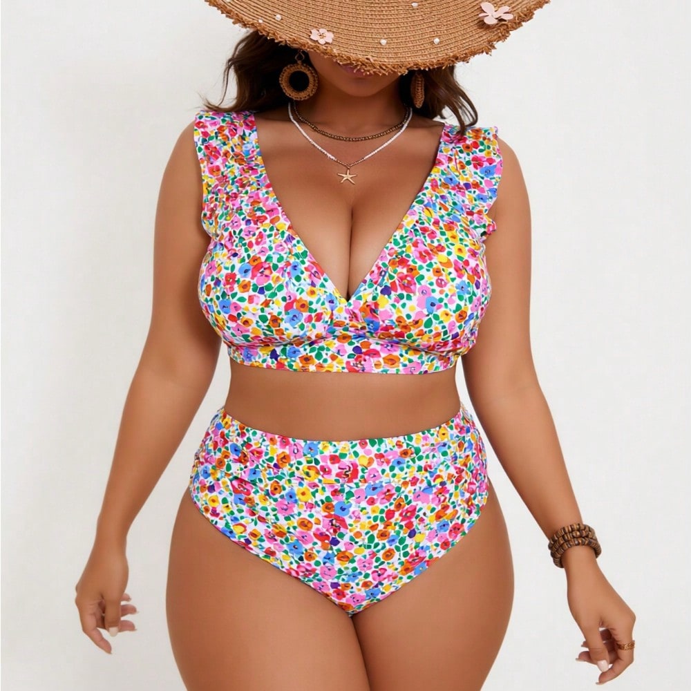 2026 New Colorful Ditsy Floral Two-Piece Swimsuit, Ruffled Deep V & High Waist Bottom, Plus Size Slimming Beachwear