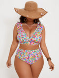 2026 New Colorful Ditsy Floral Two-Piece Swimsuit, Ruffled Deep V & High Waist Bottom, Plus Size Slimming Beachwear