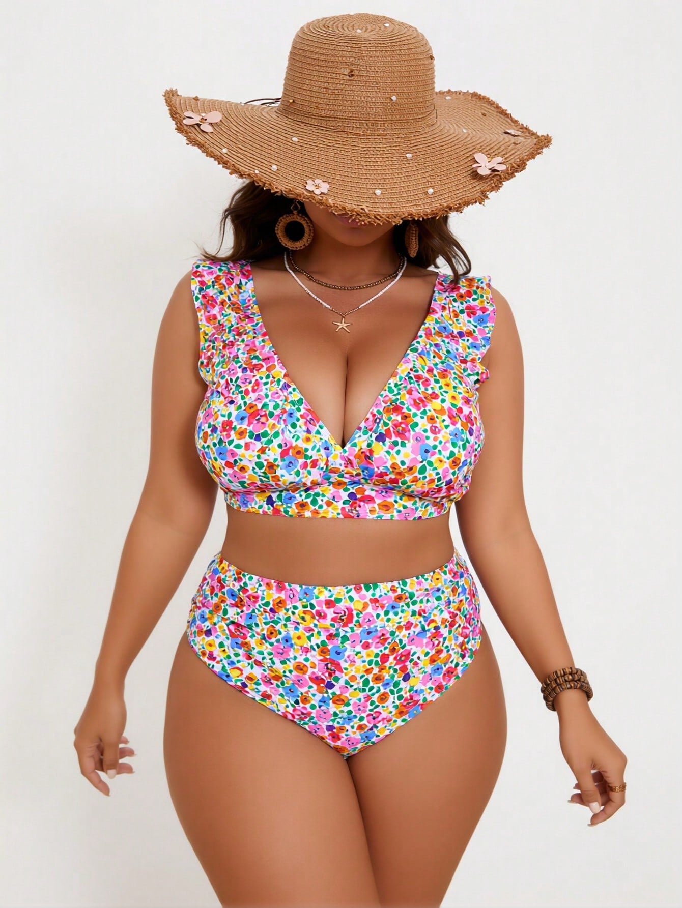 2026 New Colorful Ditsy Floral Two-Piece Swimsuit, Ruffled Deep V & High Waist Bottom, Plus Size Slimming Beachwear