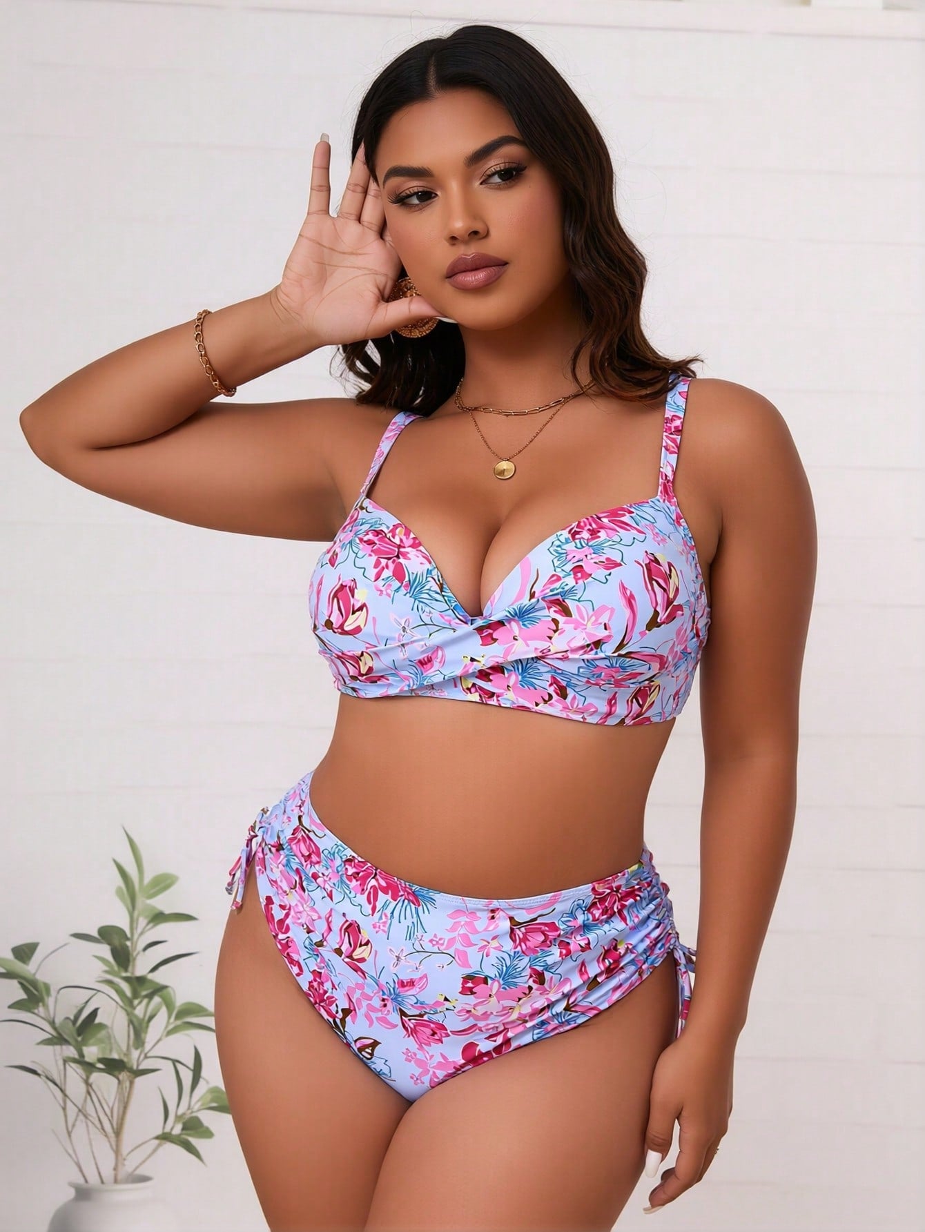 2026 Trendy Plus Size Bikini Bathing Suit, Pink Floral Print Wrap Cami Top and High Waisted Bottoms Swimwear