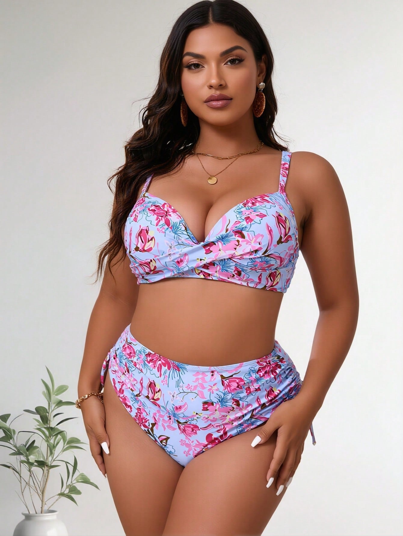 2026 Trendy Plus Size Bikini Bathing Suit, Pink Floral Print Wrap Cami Top and High Waisted Bottoms Swimwear