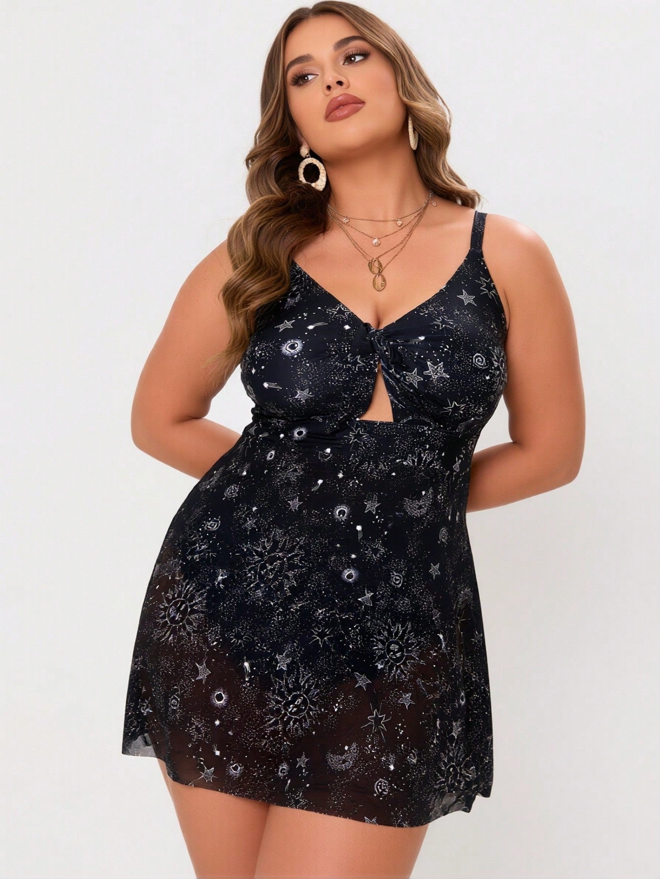 2026 New Plus Size Women's One Piece Swimdress, Black Celestial Print with Knot Front Cutout, Sheer Mesh Swimwear