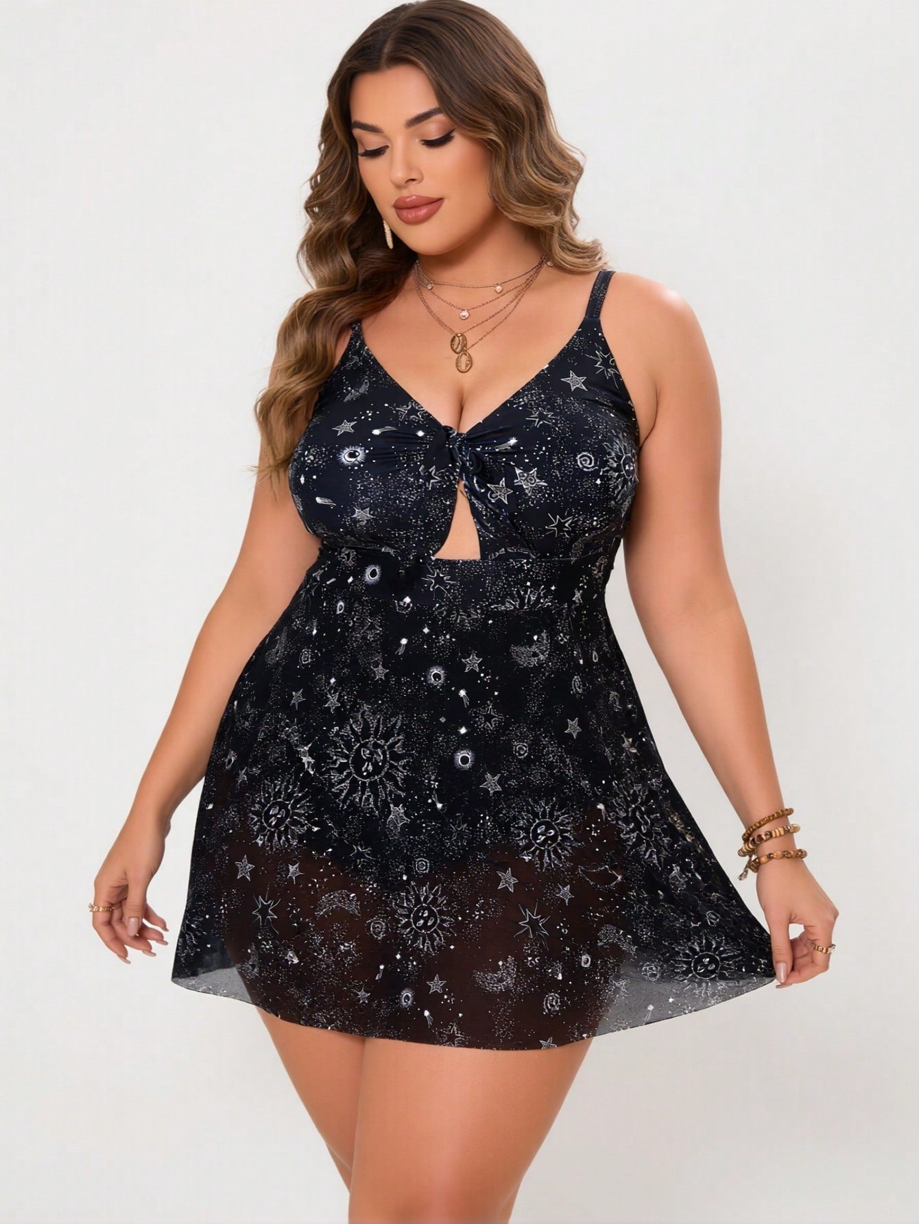 2026 New Plus Size Women's One Piece Swimdress, Black Celestial Print with Knot Front Cutout, Sheer Mesh Swimwear