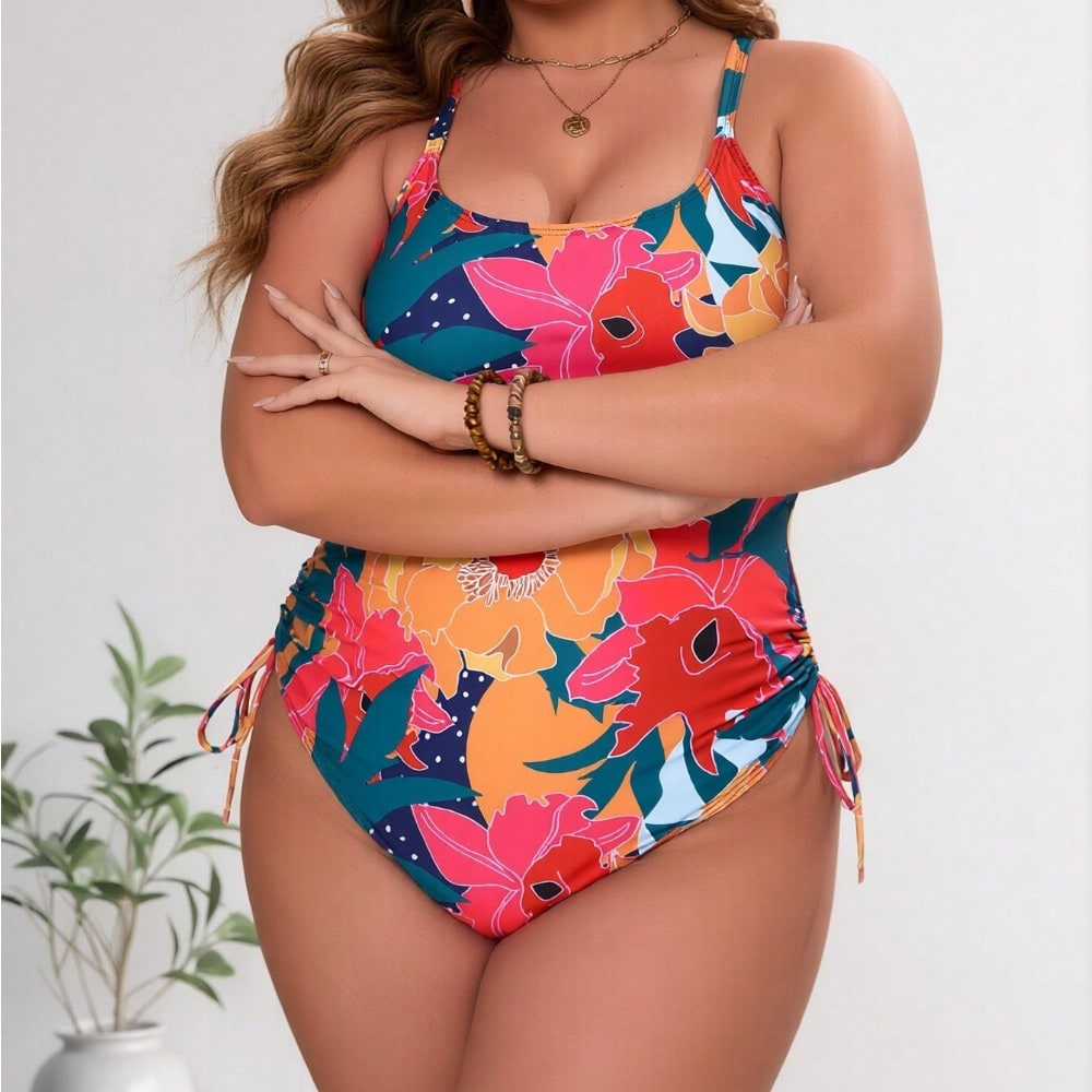 2026  Plus Size One Piece Bathing Suit, Multi-Color Floral Print Adjustable Side Ties, High Cut Swimwear