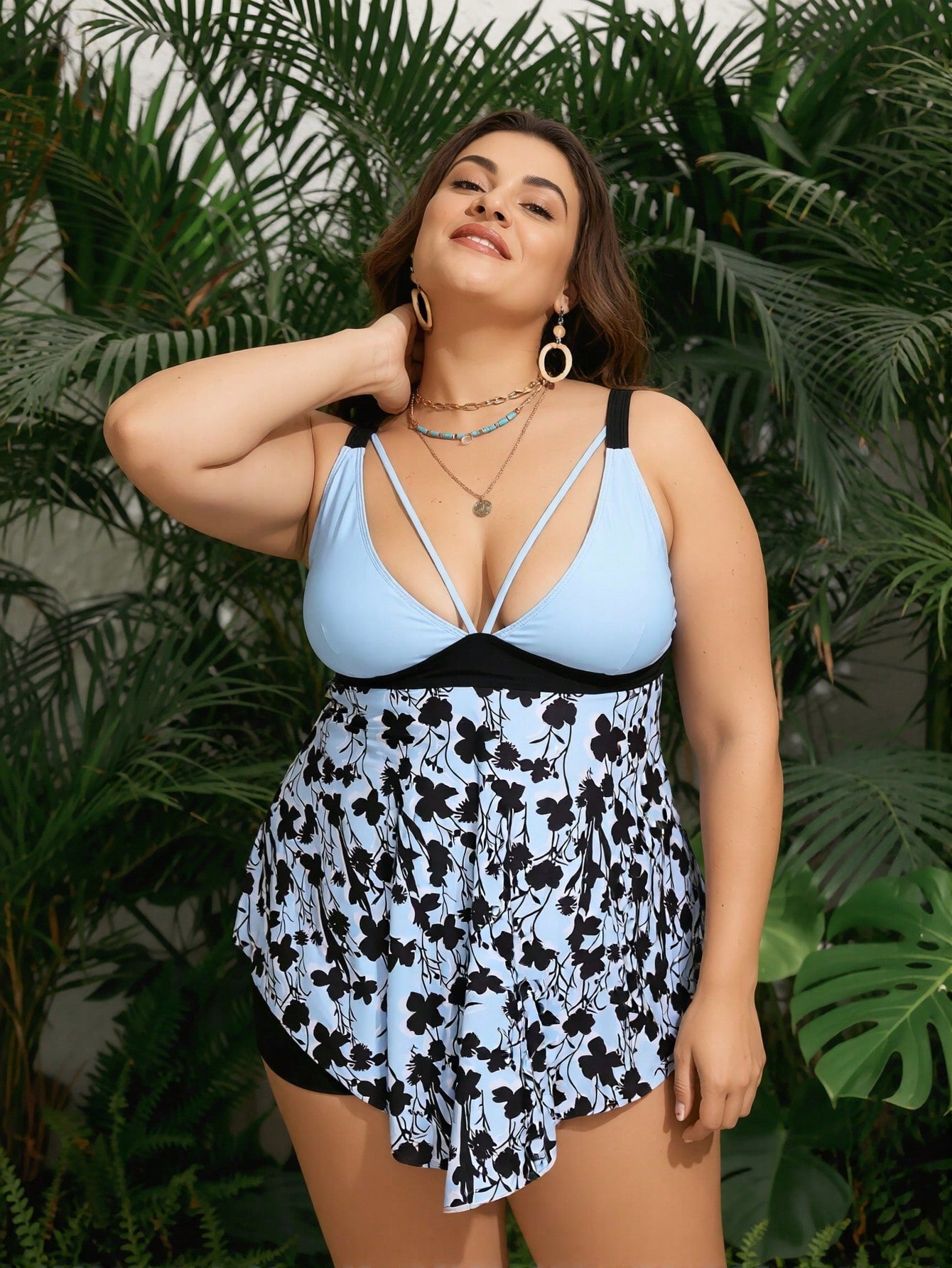 2026 New Blue & Black Color Block Skirted One-Piece Swimsuit, Deep V Strap Floral Print, Plus Size Tummy Control Swimwear