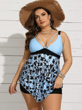 2026 New Blue & Black Color Block Skirted One-Piece Swimsuit, Deep V Strap Floral Print, Plus Size Tummy Control Swimwear