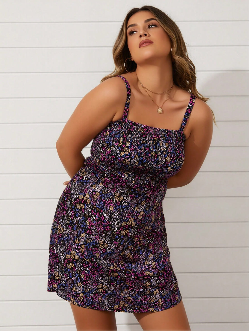 2026 Trendy Plus Size Tankini Bathing Suit, Multicolor Ditsy Floral Print Ruched Waist Two-Piece Swimwear