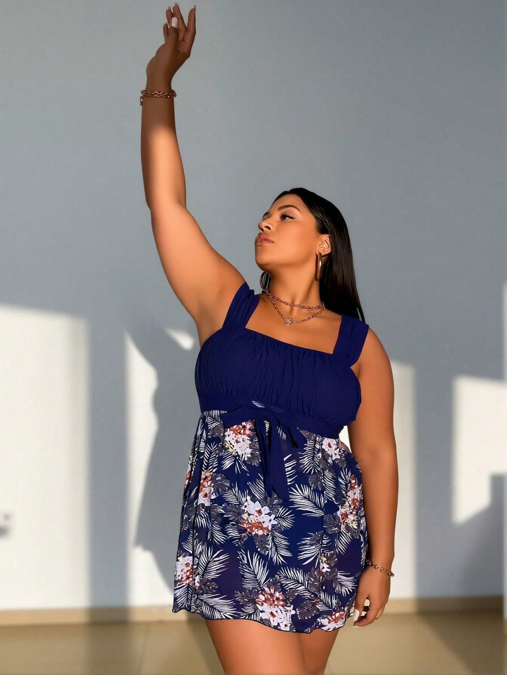 2026 New Navy Floral Skirted Two-Piece Swimsuit Set, Square Neck Tie & High Waist Bottom, Plus Size Tummy Control Beachwear