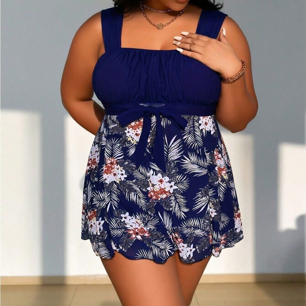 2026 New Navy Floral Skirted Two-Piece Swimsuit Set, Square Neck Tie & High Waist Bottom, Plus Size Tummy Control Beachwear