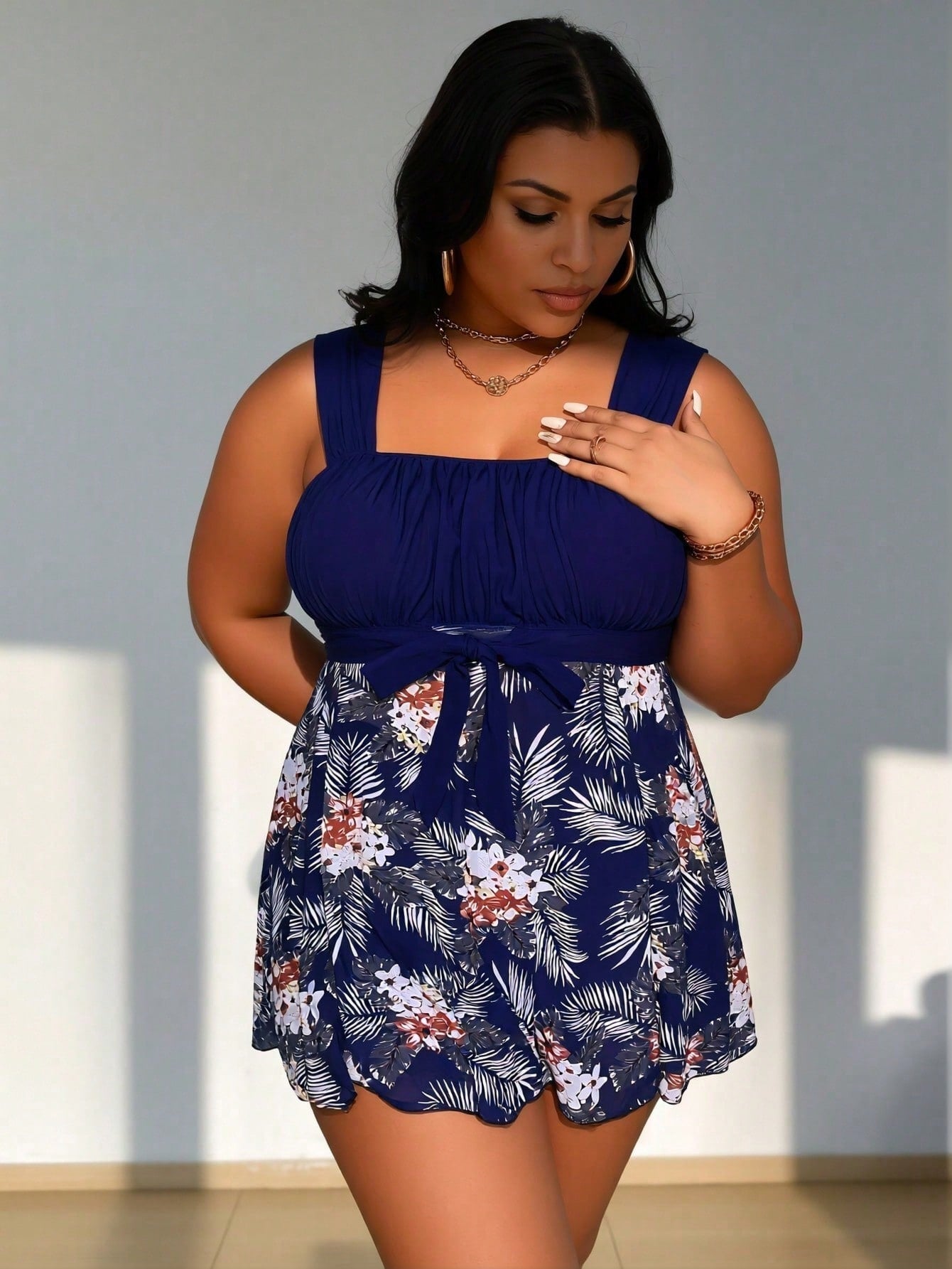 2026 New Navy Floral Skirted Two-Piece Swimsuit Set, Square Neck Tie & High Waist Bottom, Plus Size Tummy Control Beachwear